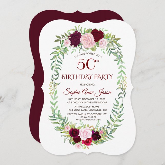 Invitation Rustic Marsala Floral Wreath 50e anniversaire (Devant / Derrière)