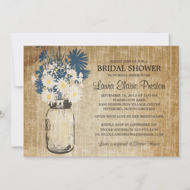 Invitation Rustic Mason Jar et Fleur sauvage Daisies (Devant)