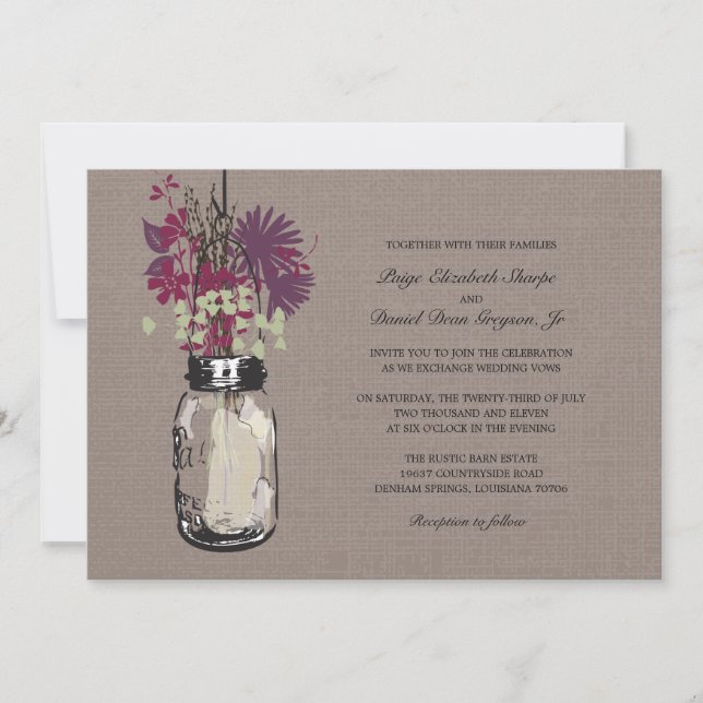 Invitation Rustic Mason Jar et Mariage Fleur sauvage (Devant)