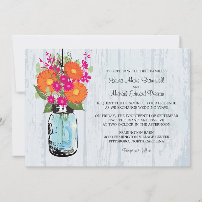 Invitation Rustic Mason Jar & Gerber Daisies Mariage (Devant)