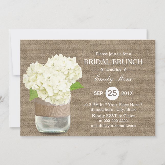 Invitation Rustic Mason Jar & Hydrangea Burlap Bridal Brunch (Devant)