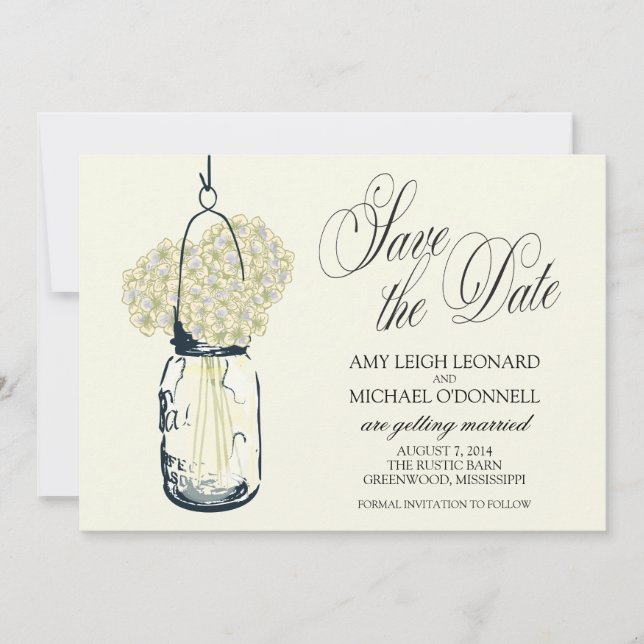Invitation Rustic Mason Jar Hydrangrea Enregistrer la date (Devant)