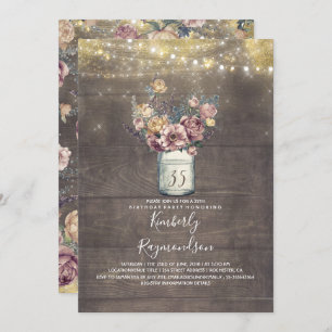 Invitation Rustic Mason Jar Mauve et Gold Birthday Party