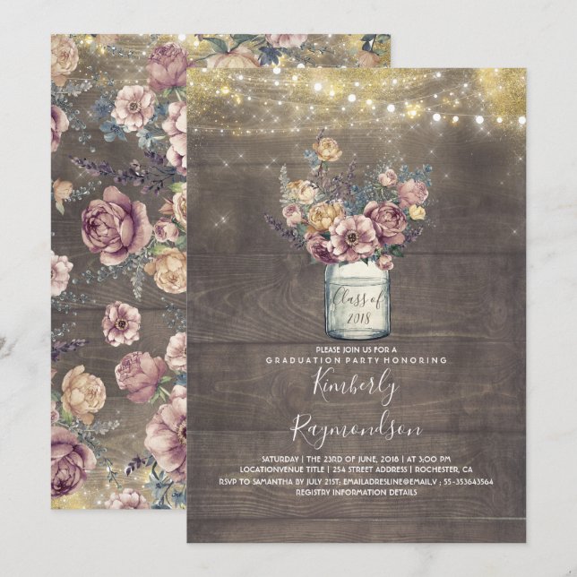 Invitation Rustic Mason Jar Mauve et Gold Graduation Party (Devant / Derrière)