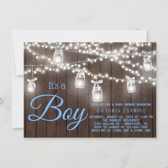 Invitation Rustic Mason Jar String Light Baby Boy Show (Devant)