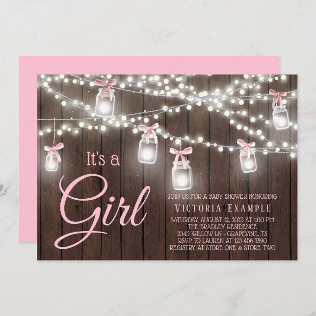 Invitation Rustic Mason Jar String Light Baby Girl Douche Inv (Devant / Derrière)
