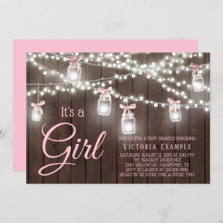 Invitation Rustic Mason Jar String Light Baby Girl Douche Inv