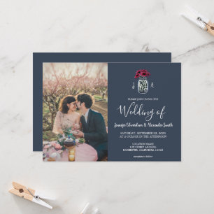 Invitation Rustic Mason jarre marine bleu monogramme photo Ma