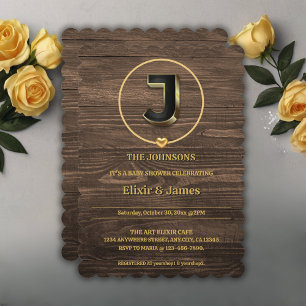 Invitation Rustic Met Gold Heart Monogramme Famille Baby show