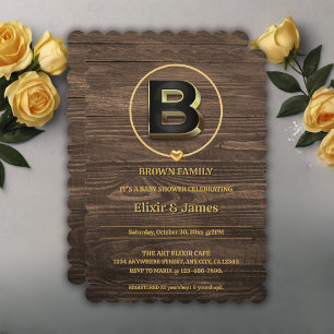 Invitation Rustic Met Gold Heart Monogramme Famille Baby show