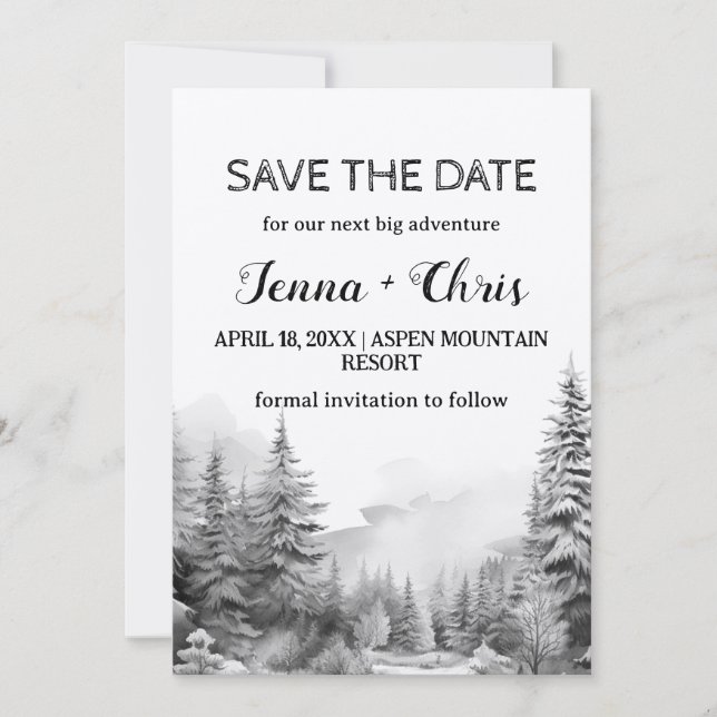 Invitation Rustic Minimalist Winter Mountain Save the Date (Devant)