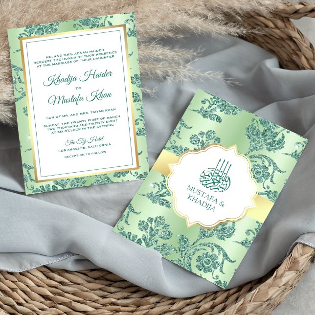 Invitation Rustic Mint Green Parties scintillant Filigree Mar (Créateur téléchargé)