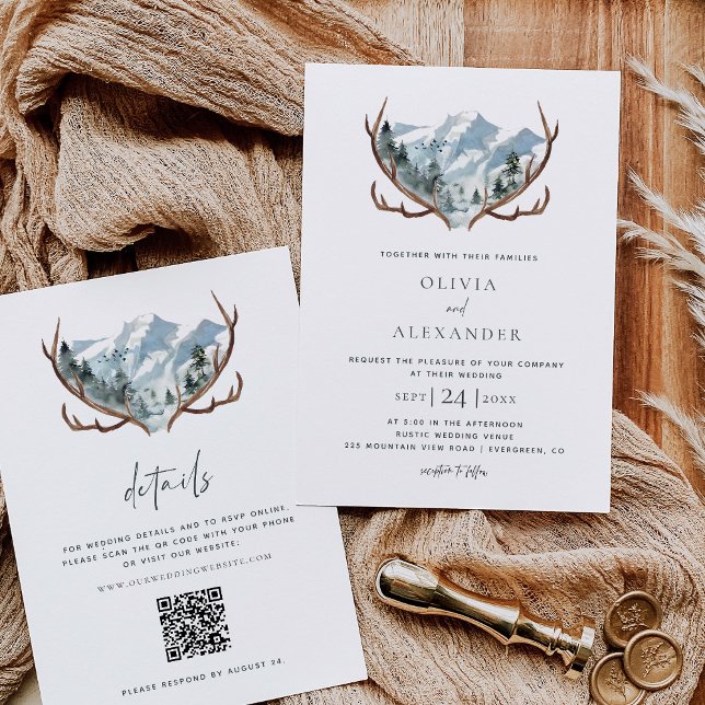 Invitation Rustic Mountain Antlers Code QR Mariage (Créateur téléchargé)