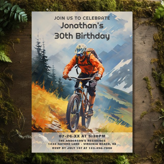 Invitation Rustic Mountain Bike Aquarelle Anniversaire (Front - Rustic Mountain Bike Watercolor Birthday Invitation)