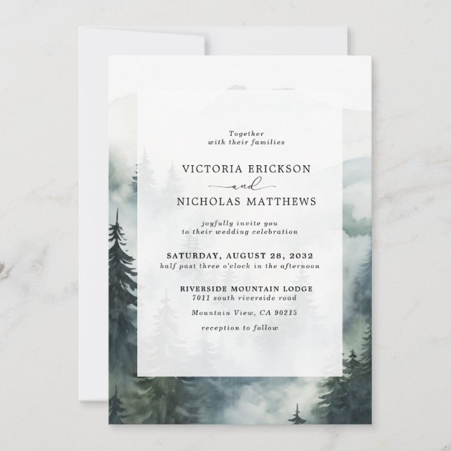 Invitation Rustic Mountain Forest Evergreen Tree Wedding (Devant)