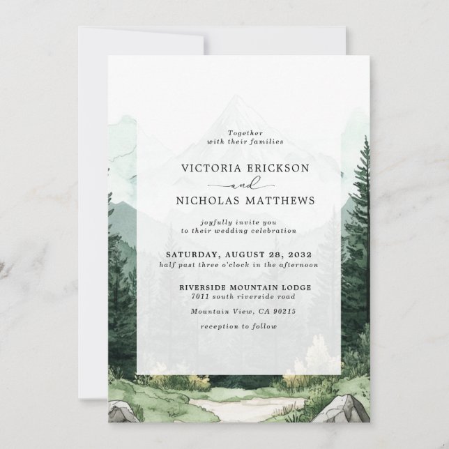 Invitation Rustic Mountain Forest Evergreen Tree Wedding (Devant)