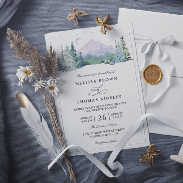 Invitation Rustic Mountain Forest Landscape QR Code Wedding (Créateur téléchargé)
