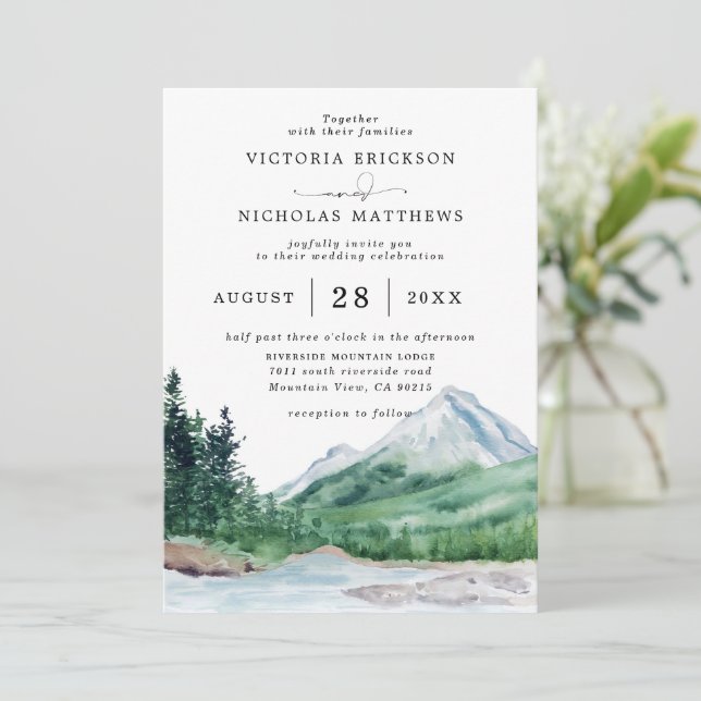 Invitation Rustic Mountain Forest Tree Budget QR Code Wedding (Debout devant)
