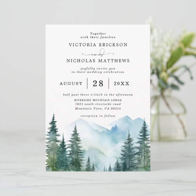 Invitation Rustic Mountain Forest Tree Budget QR Code Wedding (Debout devant)