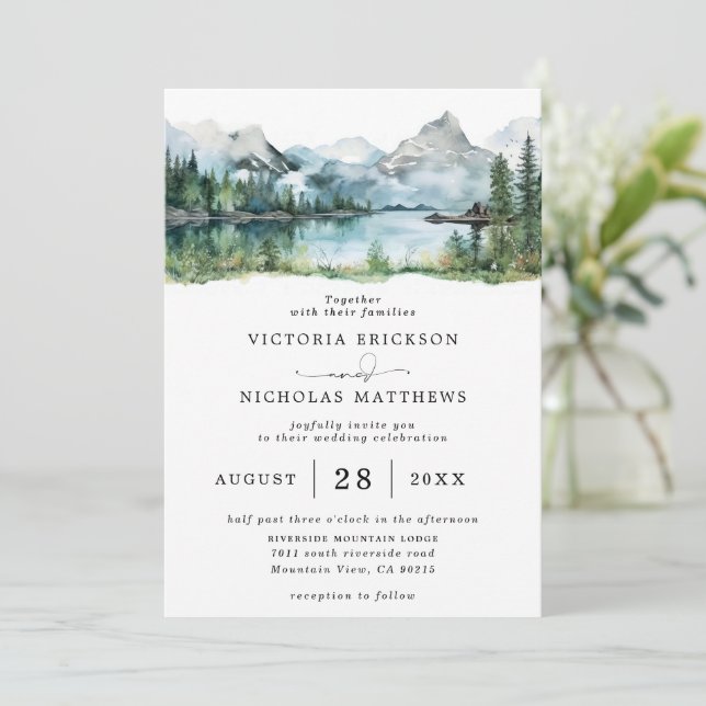 Invitation Rustic Mountain Forest Tree Budget QR Code Wedding (Debout devant)