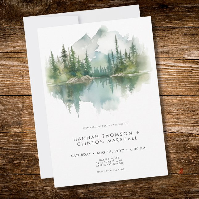 Invitation Rustic Mountain Lake Scene Watercolor Wedding (Rustic Mountain Lake Scene Watercolor Wedding Invitation)