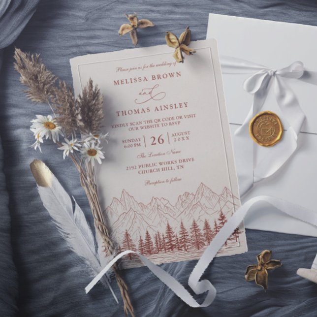 Invitation Rustic Mountain Pine Terracotta QR Code Wedding (Créateur téléchargé)