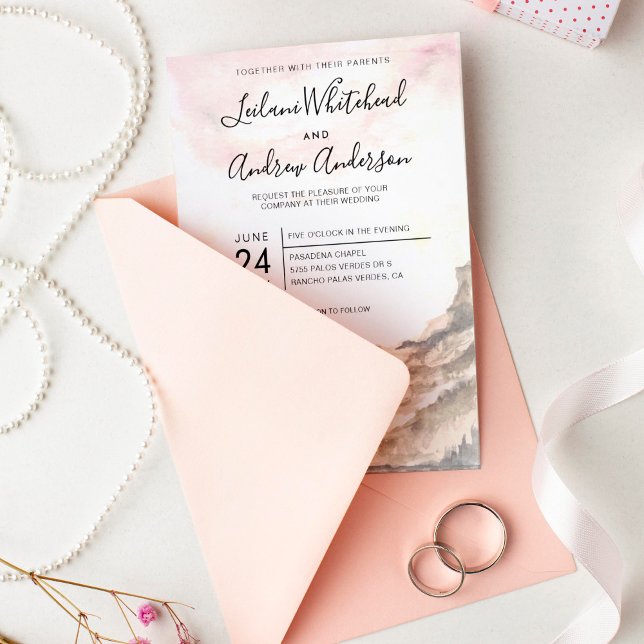 Invitation Rustic Mountain Range Watercolor Pink Sky Wedding (Créateur téléchargé)