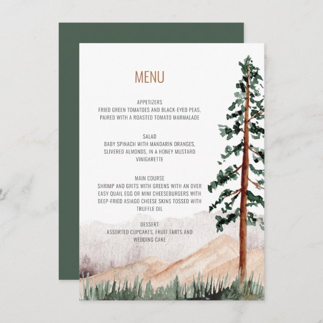 Invitation Rustic Mountains Arbres Paysage Menu Mariage (Devant / Derrière)