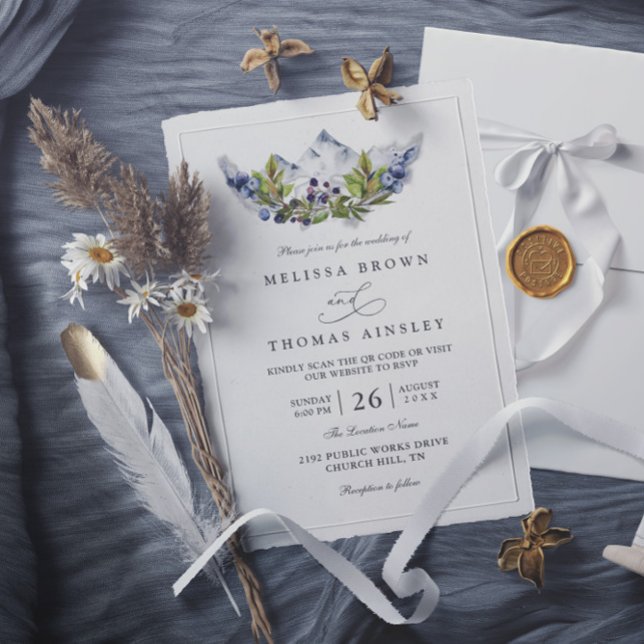 Invitation Rustic Mountains Forest Watercolor QR Code Wedding (Créateur téléchargé)