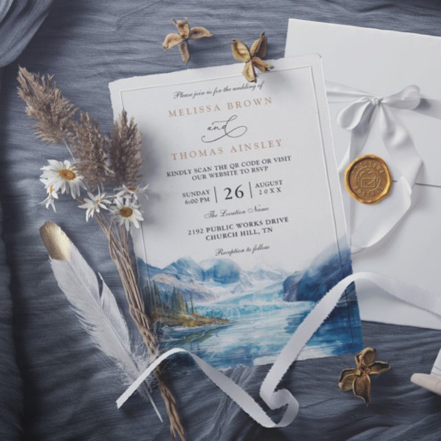 Invitation Rustic Mountains Lake Montana QR Code Wedding (Créateur téléchargé)