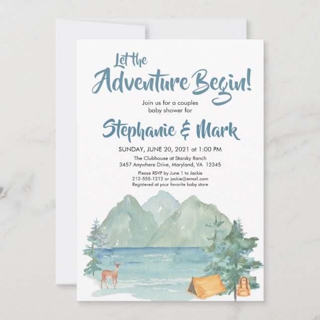 Invitation Rustic Mountains Watercolor Baby shower d'aventure (Devant)