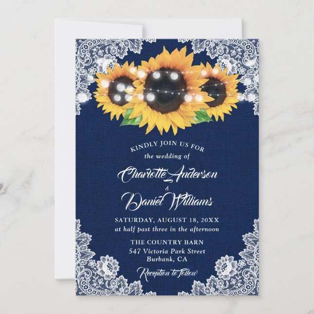 Invitation Rustic Navy Blue Burlap Lace Sunflower Wedding (Devant)