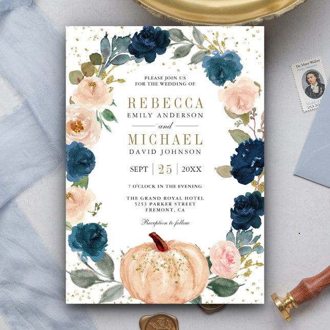 Invitation Rustic Navy Blue et Peach Floral Citrouille Mariag (Créateur téléchargé)
