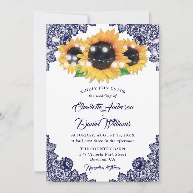 Invitation Rustic Navy Blue Floral Lace Sunflower Wedding (Devant)