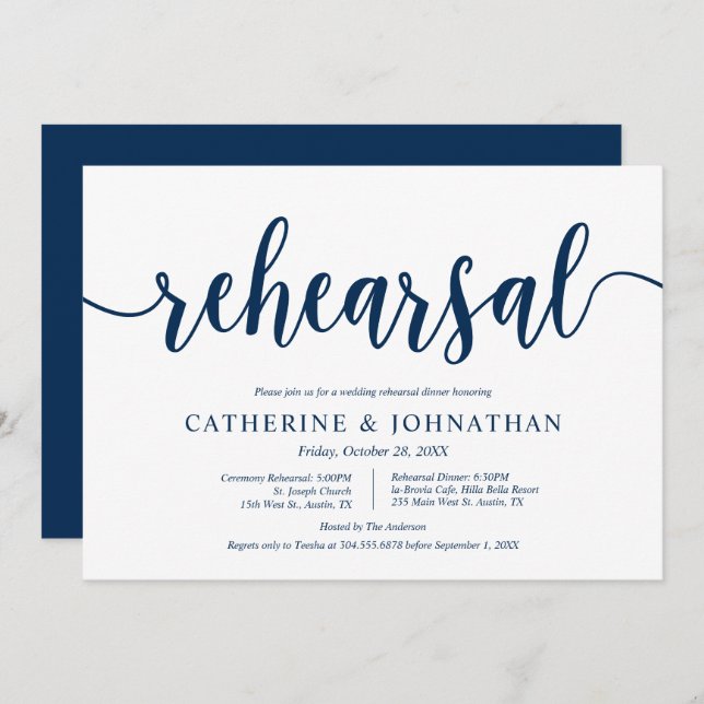 Invitation Rustic Navy Blue, répétition Mariage et dîner (Devant / Derrière)