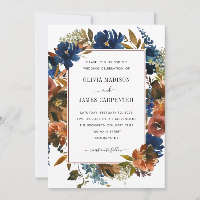 Invitation Rustic Navy Blue Terracotta Floral Fall Wedding (Devant)
