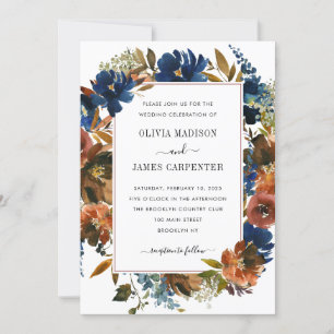 Invitation Rustic Navy Blue Terracotta Floral Fall Wedding