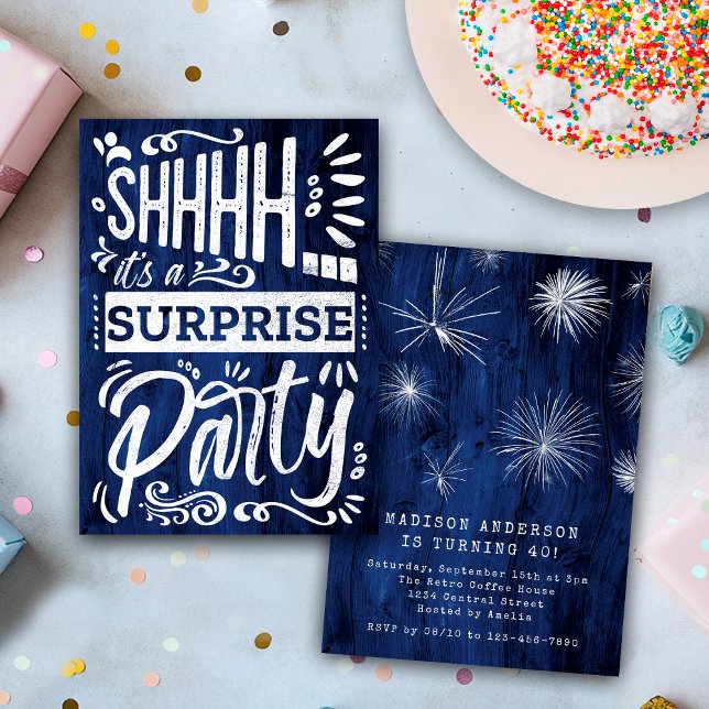 Invitation Rustic Navy Blue Wood Shh Surprise Birthday Party (Créateur téléchargé)