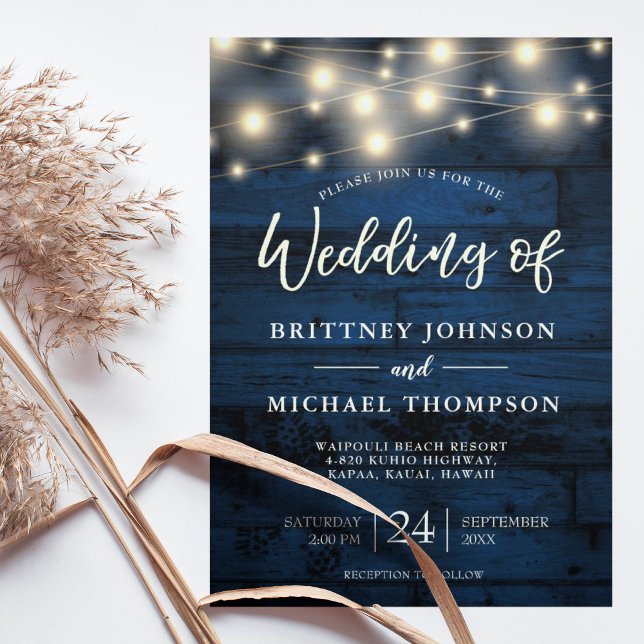 Invitation Rustic Navy Blue Wood String Lights Wedding (Créateur téléchargé)