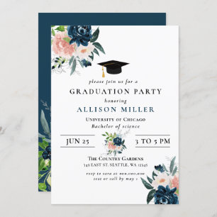 Invitation Rustic Navy Blush Floral Botanical Graduation