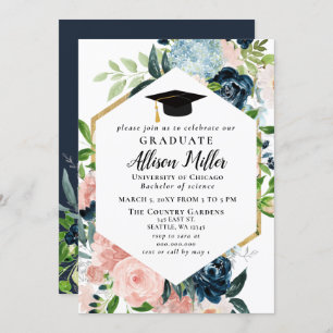 Invitation Rustic Navy Blush Floral Botanical Graduation