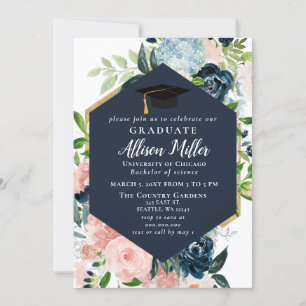 Invitation Rustic Navy Blush Floral Botanical Graduation