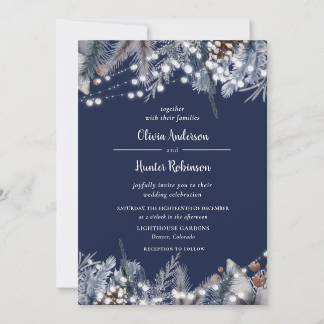 Invitation Rustic Navy Éclairage Chaîne Hiver Mariage Invitat (Devant)