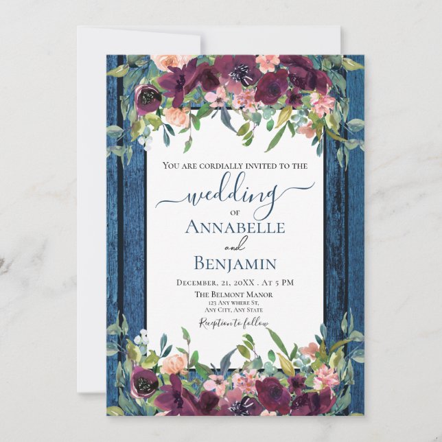 Invitation Rustic Navy et Mariage floral de Bourgogne (Devant)