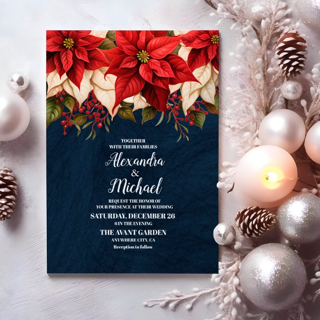 Invitation Rustic Navy Poinsettia Floral Mariage de Noël (Créateur téléchargé)