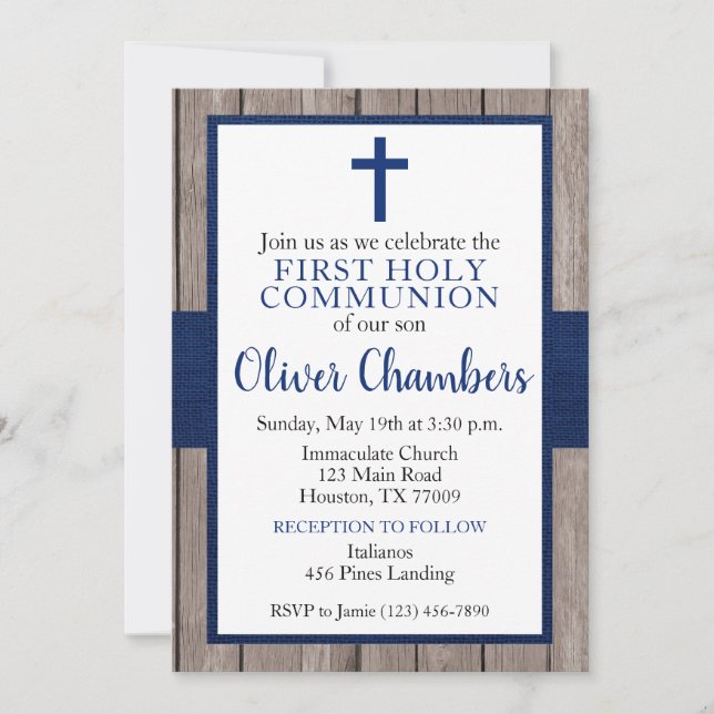 Invitation Rustic Navy & Wood Boy First Holy Communion (Devant)