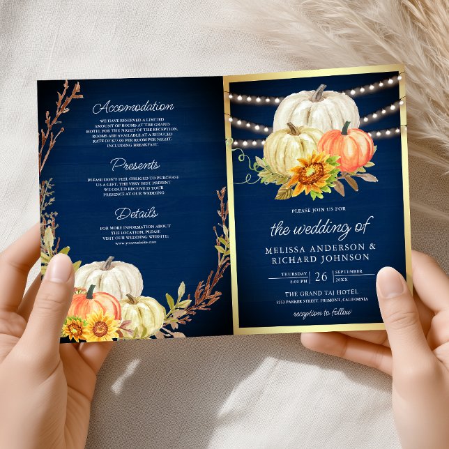 Invitation Rustic Navy Wood Sunflower Pumpkin QR Code Wedding (Créateur téléchargé)