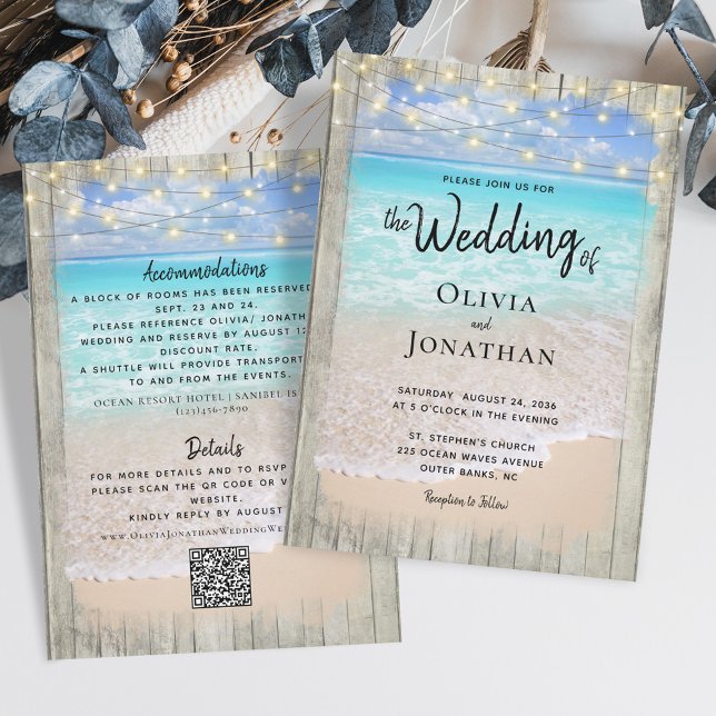 Invitation Rustic Ocean Beach Wedding QR Code Tout en un (Créateur téléchargé)