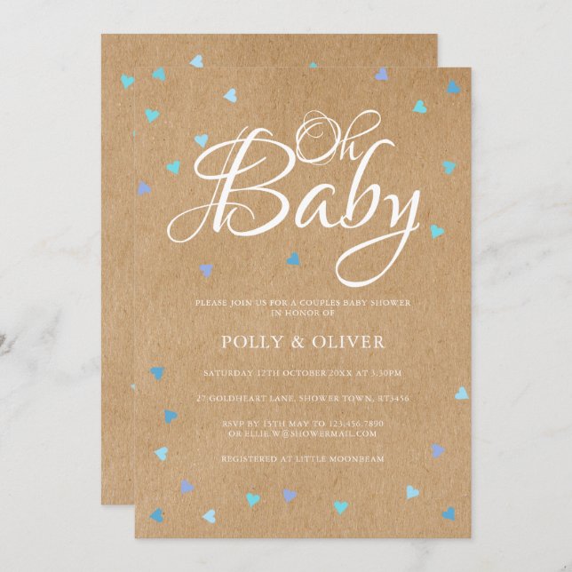 Invitation Rustic Oh Baby Love Hearts Couples Baby Boy Shoy (Devant / Derrière)
