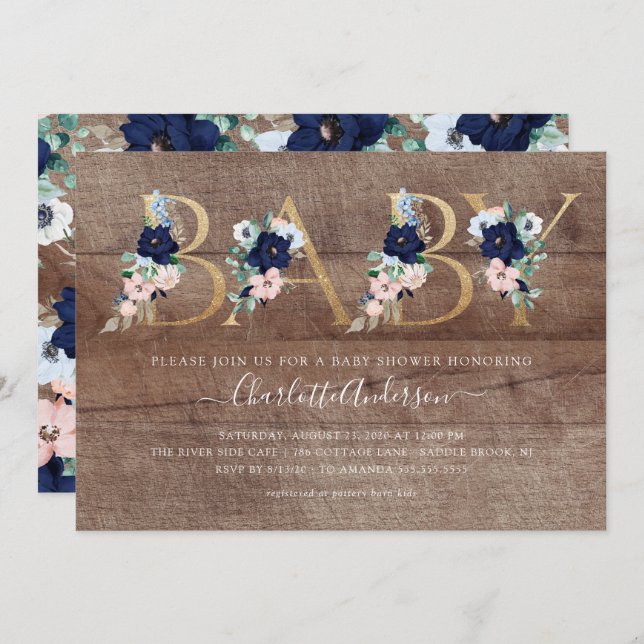 Invitation Rustic Oh Baby Marine Bleu Blush Baby shower flora (Devant / Derrière)